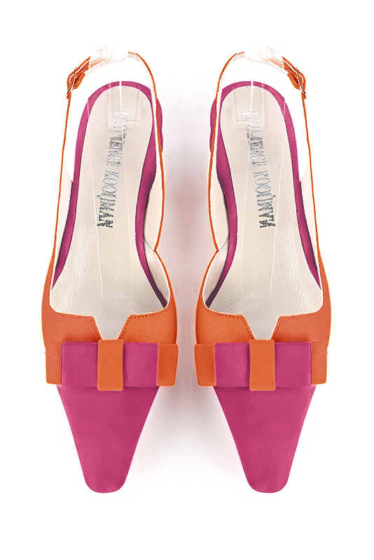 Fuschia pink and clementine orange women's open back shoes, with a knot. Tapered toe. Flat block heels. Top view - Florence KOOIJMAN